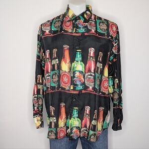 Vintage Diani Black Red Green Beer Bottle Novelty Print Silk Button Up M
